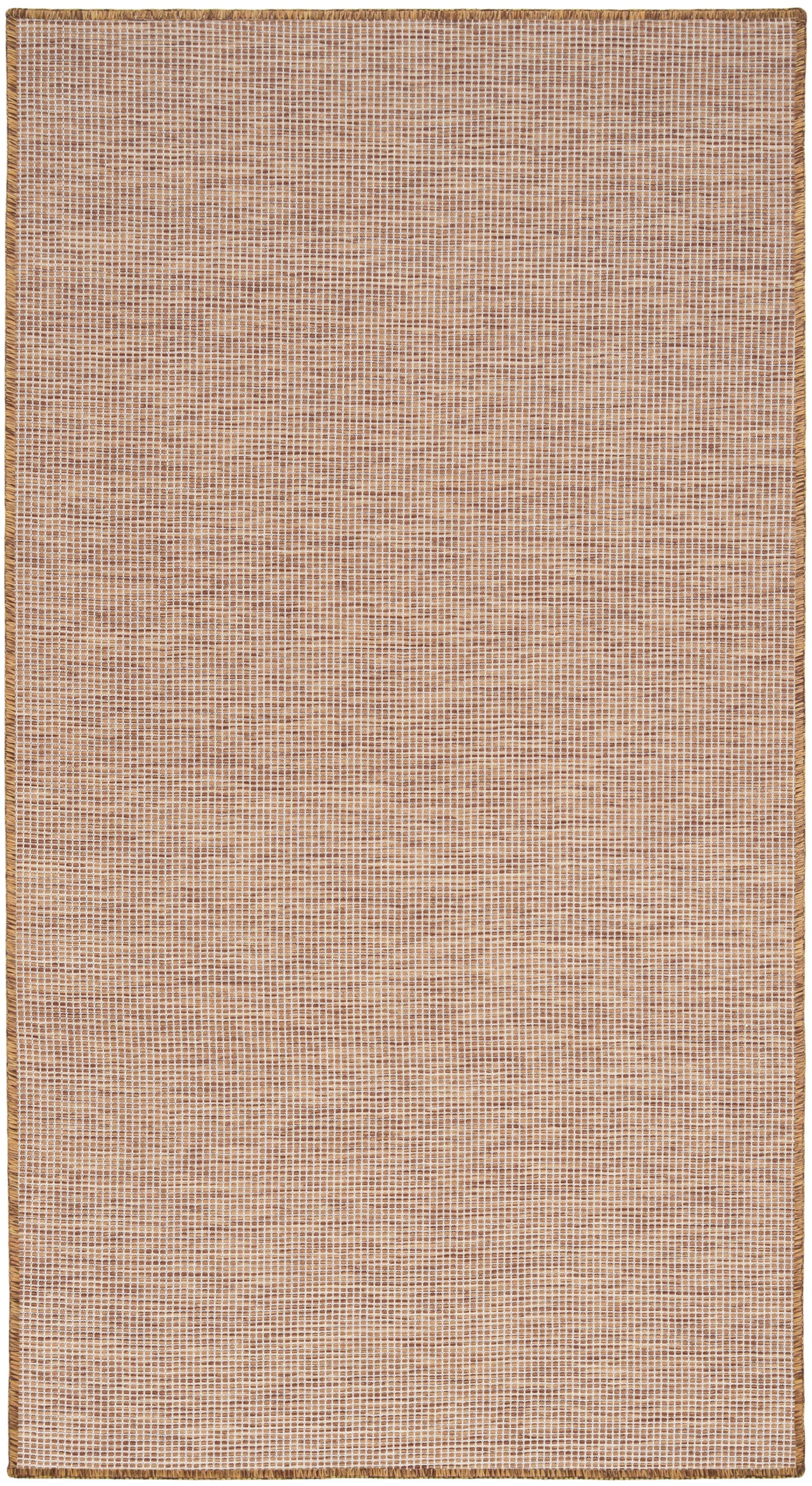 Beige woven area rug with tiny brown grid pattern and braided tan border.