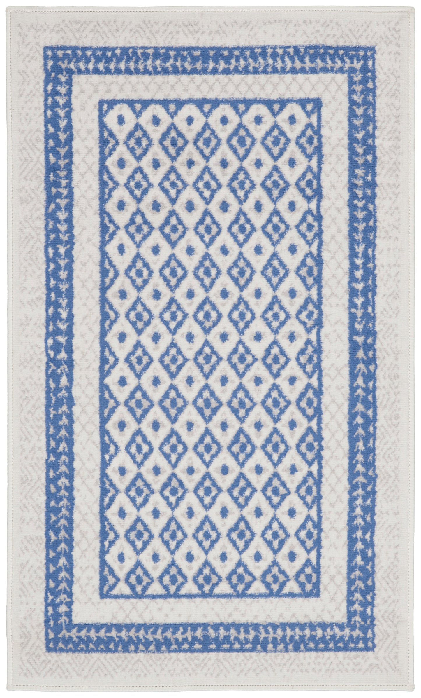 Rectangular white rug with a blue diamond lattice pattern, featuring blue inner and outer borders.