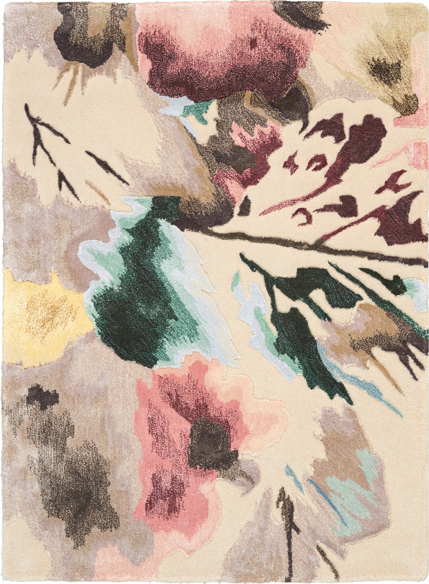 Abstract floral area rug with cream base; large pink, purple, yellow blossoms and green-blue accents; soft textured pile.