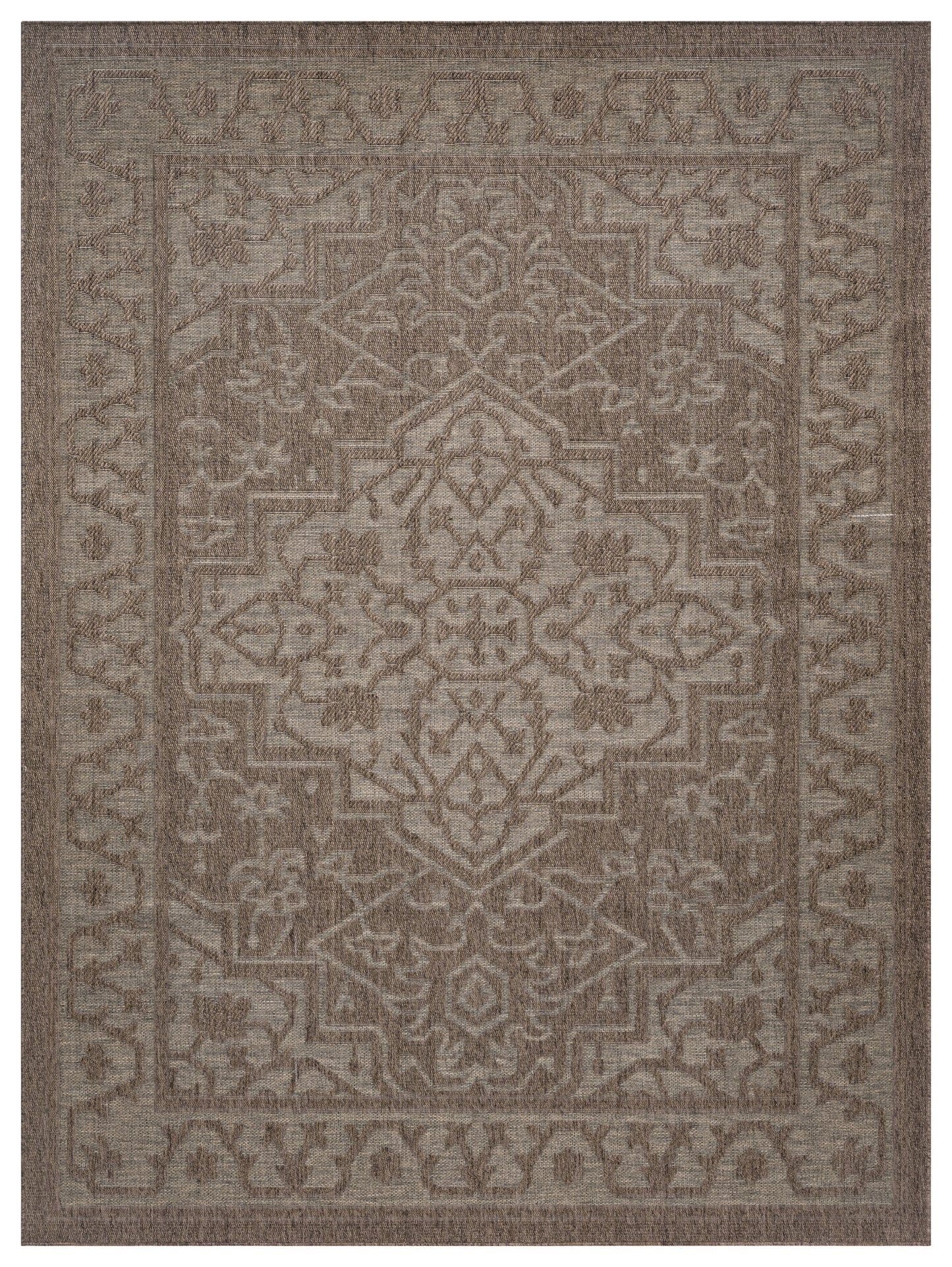 Rectangular taupe-brown area rug with beige oriental medallion pattern and floral border.