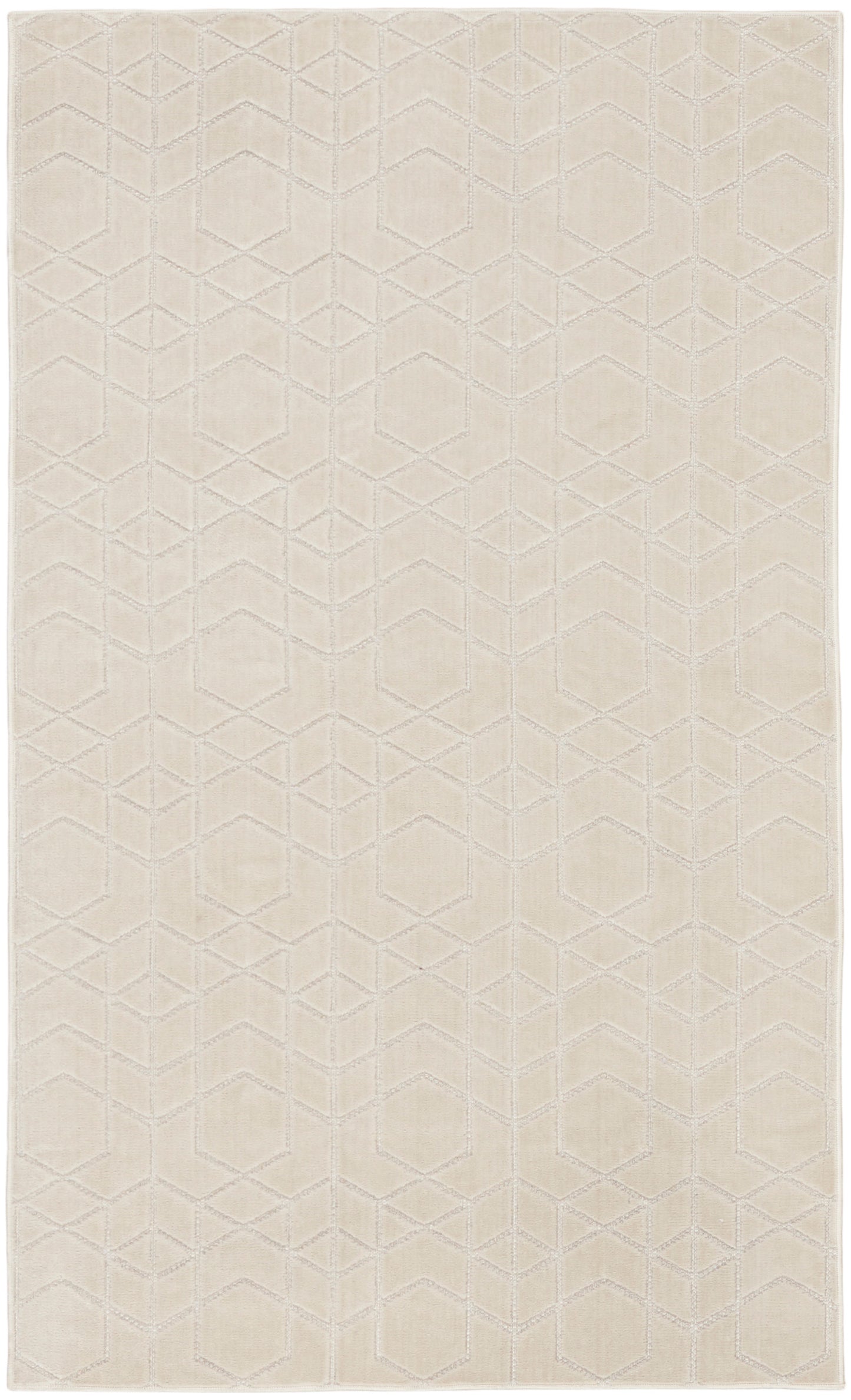 Cream area rug with a subtle geometric hexagon pattern and soft, textured surface; neutral, versatile home decor.