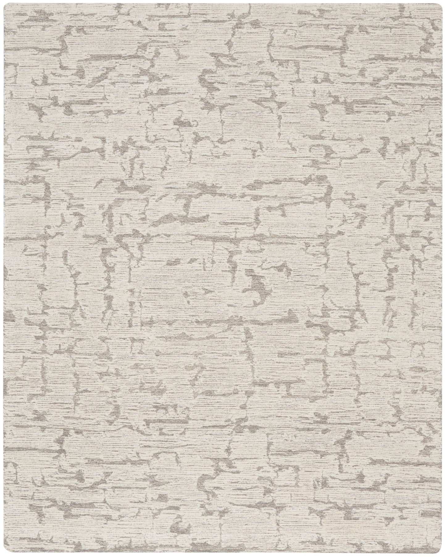 Beige rectangular area rug with gray crackle abstract pattern; plush, contemporary floor covering for living spaces.