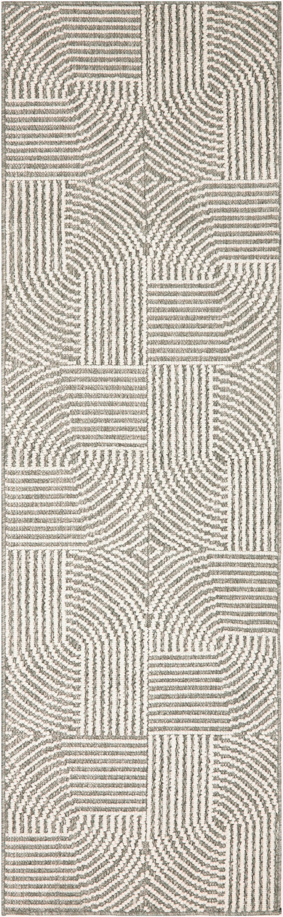 Beige and gray geometric runner rug with textured loop weave and interlocking square and diamond maze pattern.