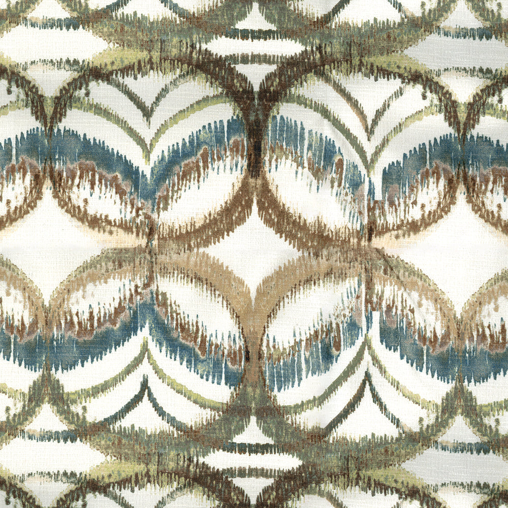 A fabric featuring overlapping scallop arches in olive green, blue & brown on off-white; ideal for upholstery or drapery.