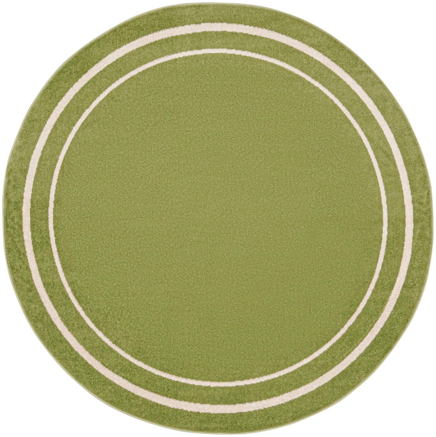 Round olive-green rug with cream concentric rings and a textured surface.