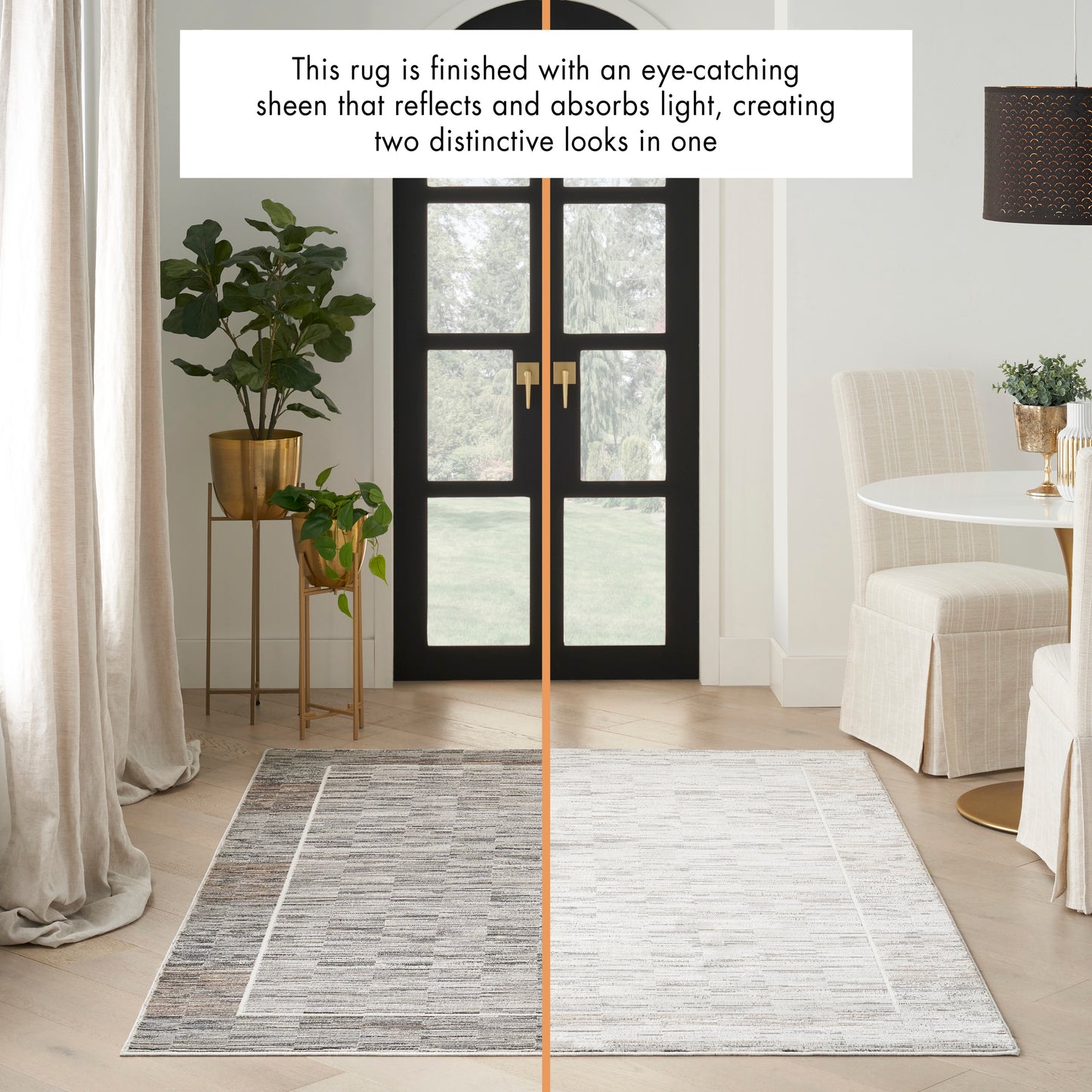 Two-tone rectangular woven rug: dark gray left panel and light ivory right panel, in a modern dining area.