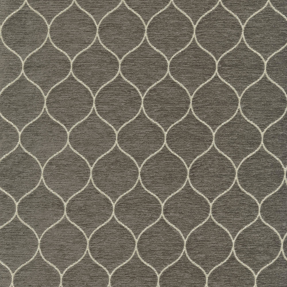 Gray woven fabric with a beige curved lattice trellis pattern, geometric contemporary style.