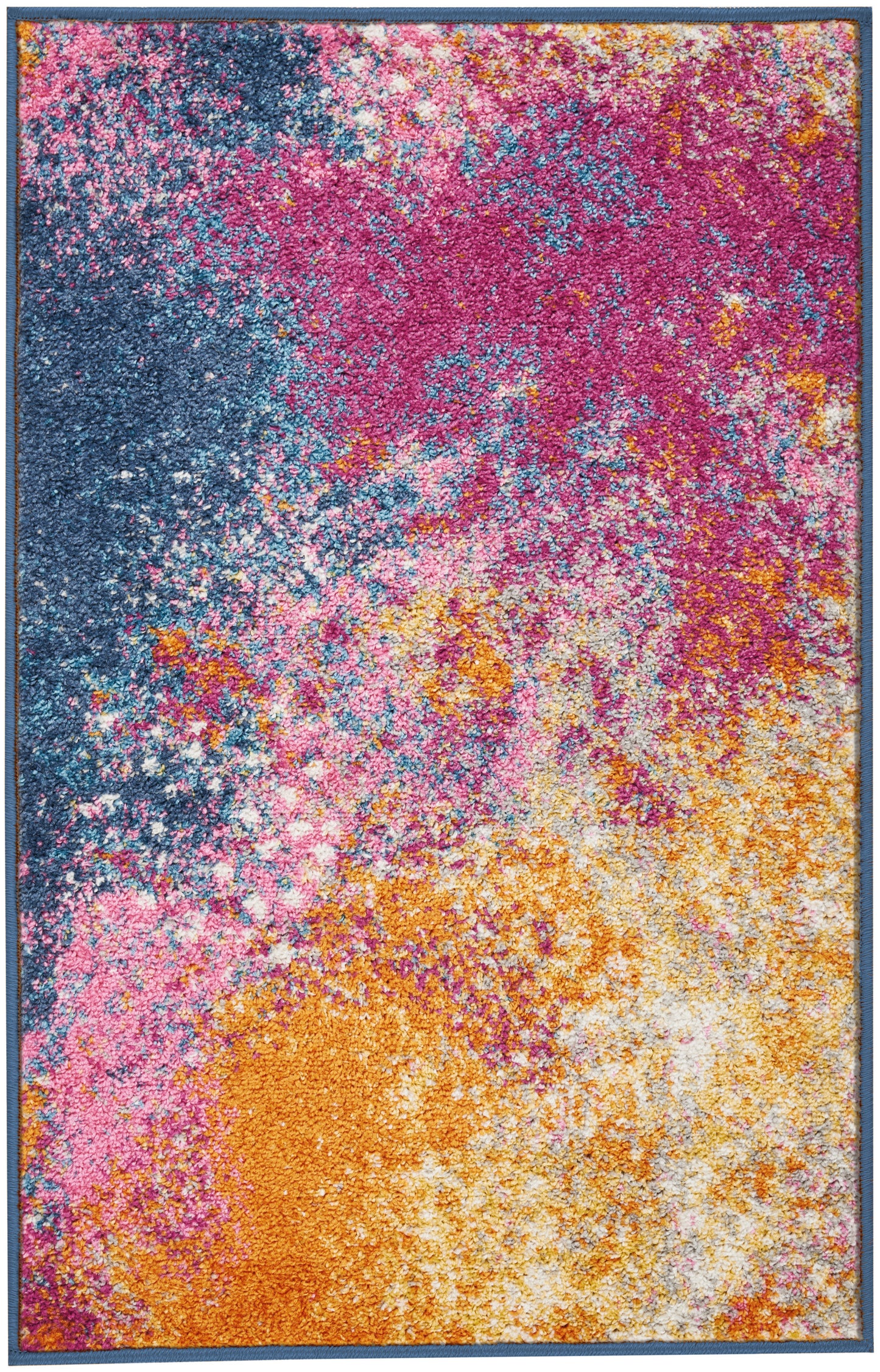 Rectangular shag rug with dense, abstract multicolor pattern in blue, pink, orange and yellow; plush high-pile texture.