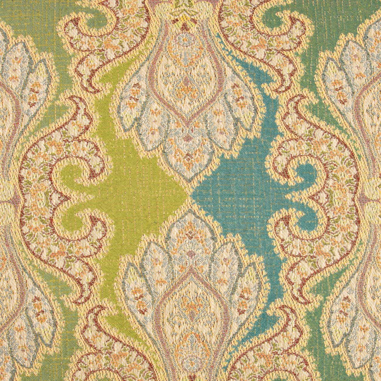 Close-up of ornate paisley damask fabric in olive green and teal with cream and orange accents; woven textile pattern.
