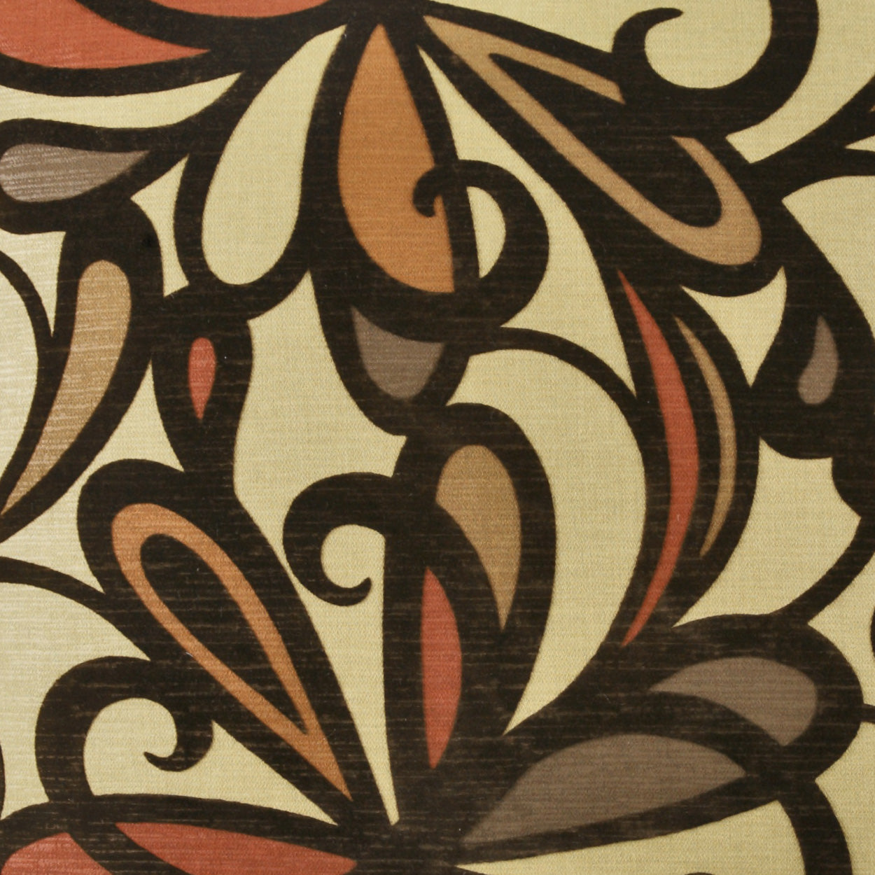 Cream fabric with bold black-outlined abstract floral pattern in brown, tan and orange; upholstery textile.