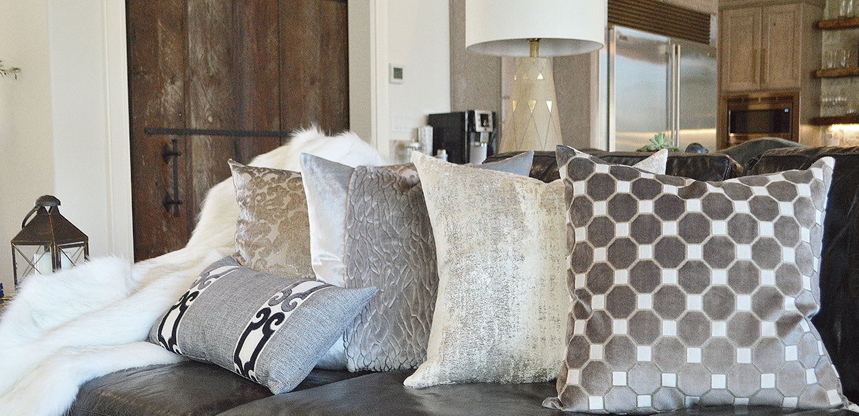 D.V. KAP HOME 24" x 24" Callard Band Pillow - Grey Band / Ribbon, Faux Fur - 3077-G-2424