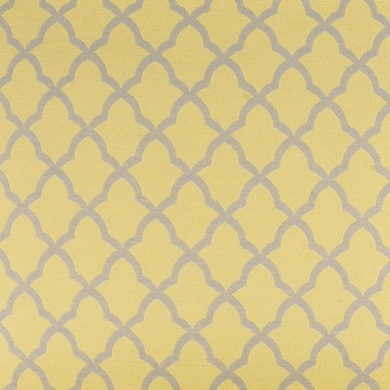 Yellow woven fabric with a repeating gray trellis lattice pattern; versatile upholstery or drapery material.