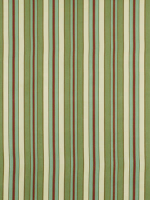 Vertical striped fabric in olive, cream, teal, red and brown on pale green background; retro textile pattern.