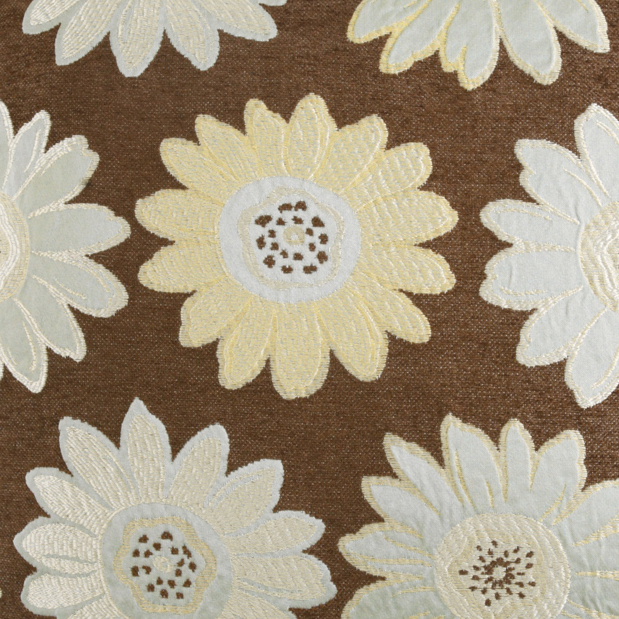 Brown fabric with large cream and pale yellow daisy flowers in a repeating retro floral pattern.