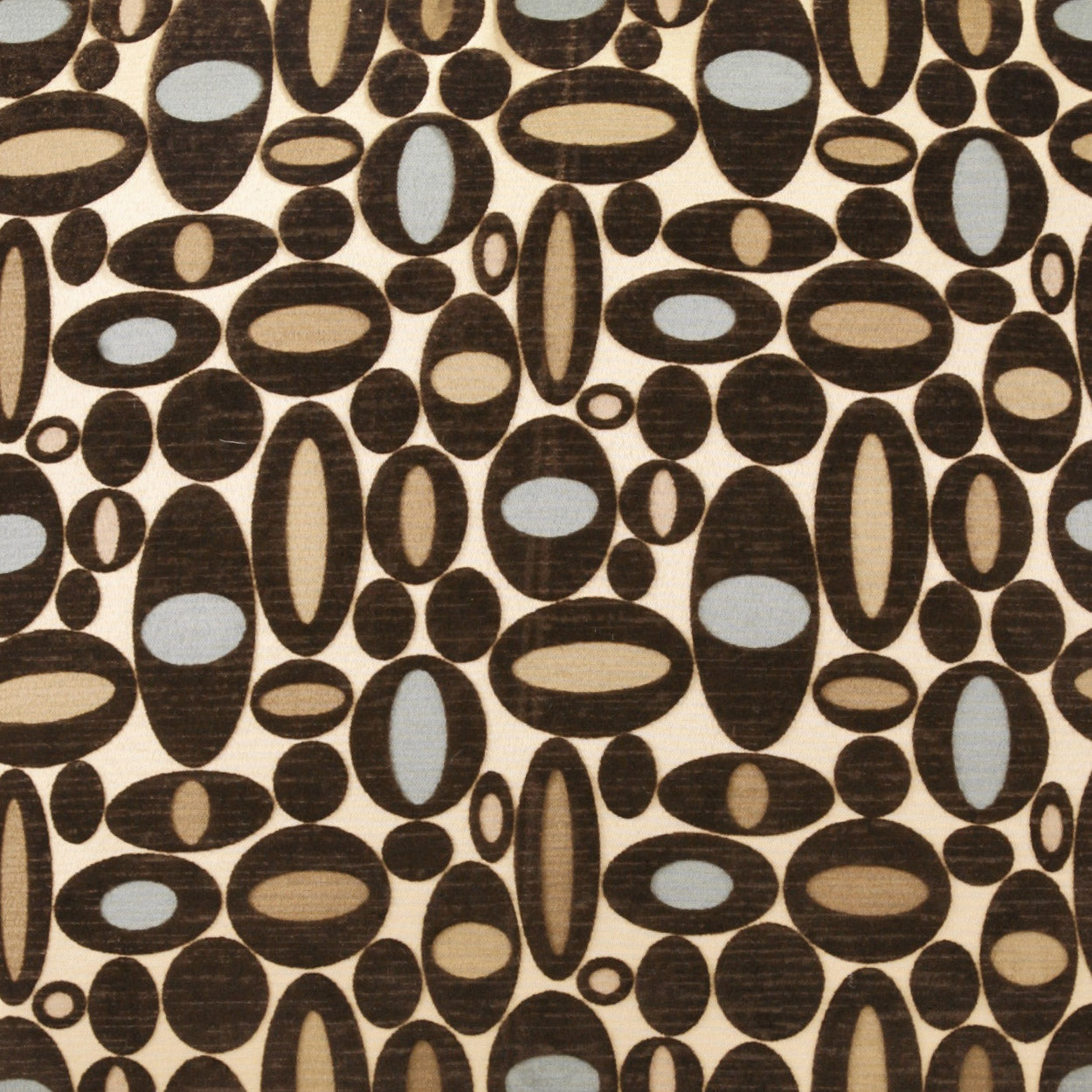 Retro geometric fabric with brown oval and circular shapes and blue-gray centers on cream background