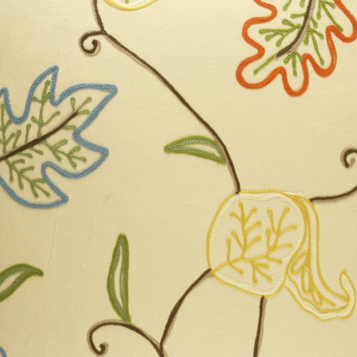 Cream fabric with whimsical botanical print; blue, green, orange and yellow leaves outlined in brown, with curling vines.