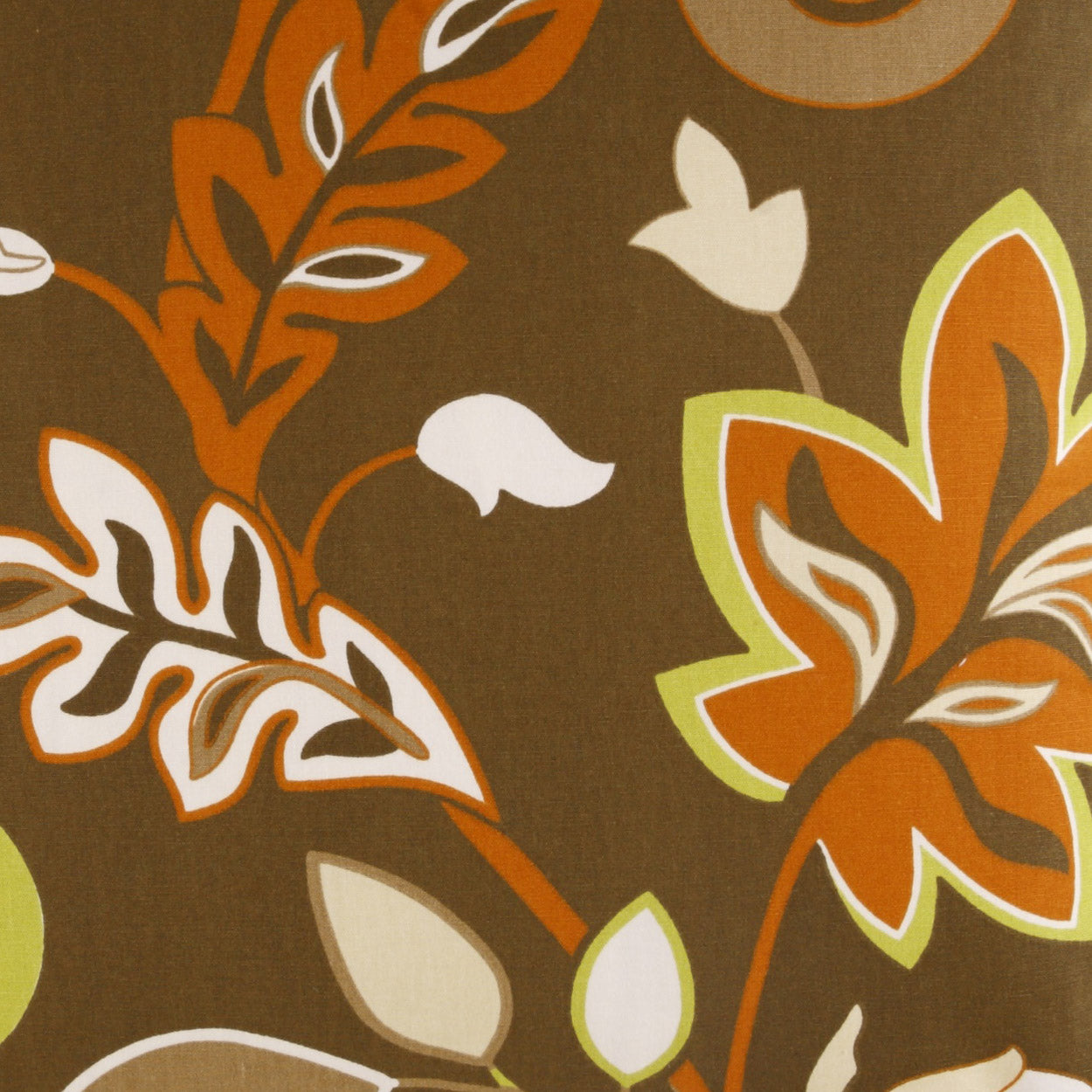Brown fabric with bold orange, white and lime-green botanical leaves and abstract floral motifs.