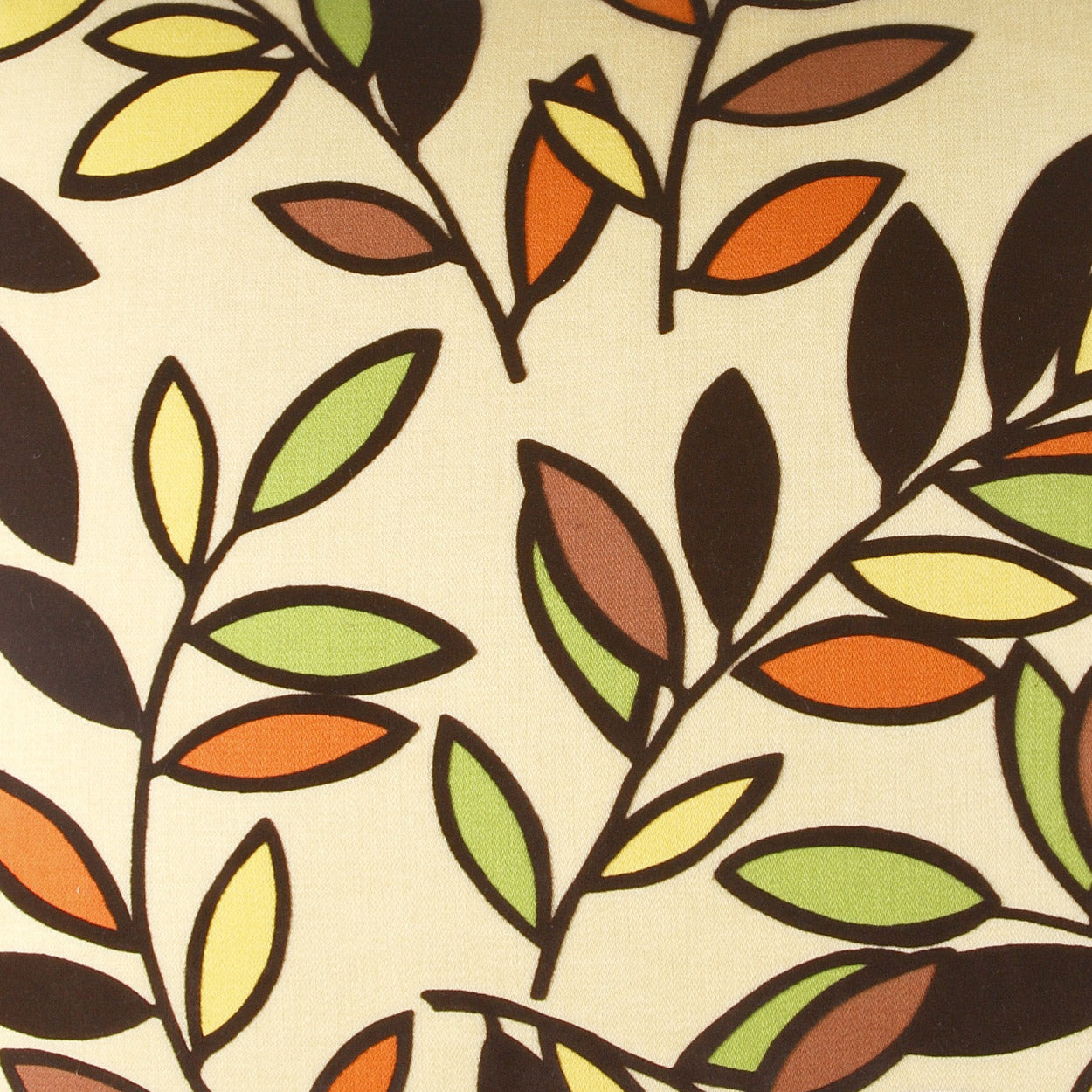 Beige fabric with black-outlined branches and orange, green, brown leaves; retro botanical pattern.