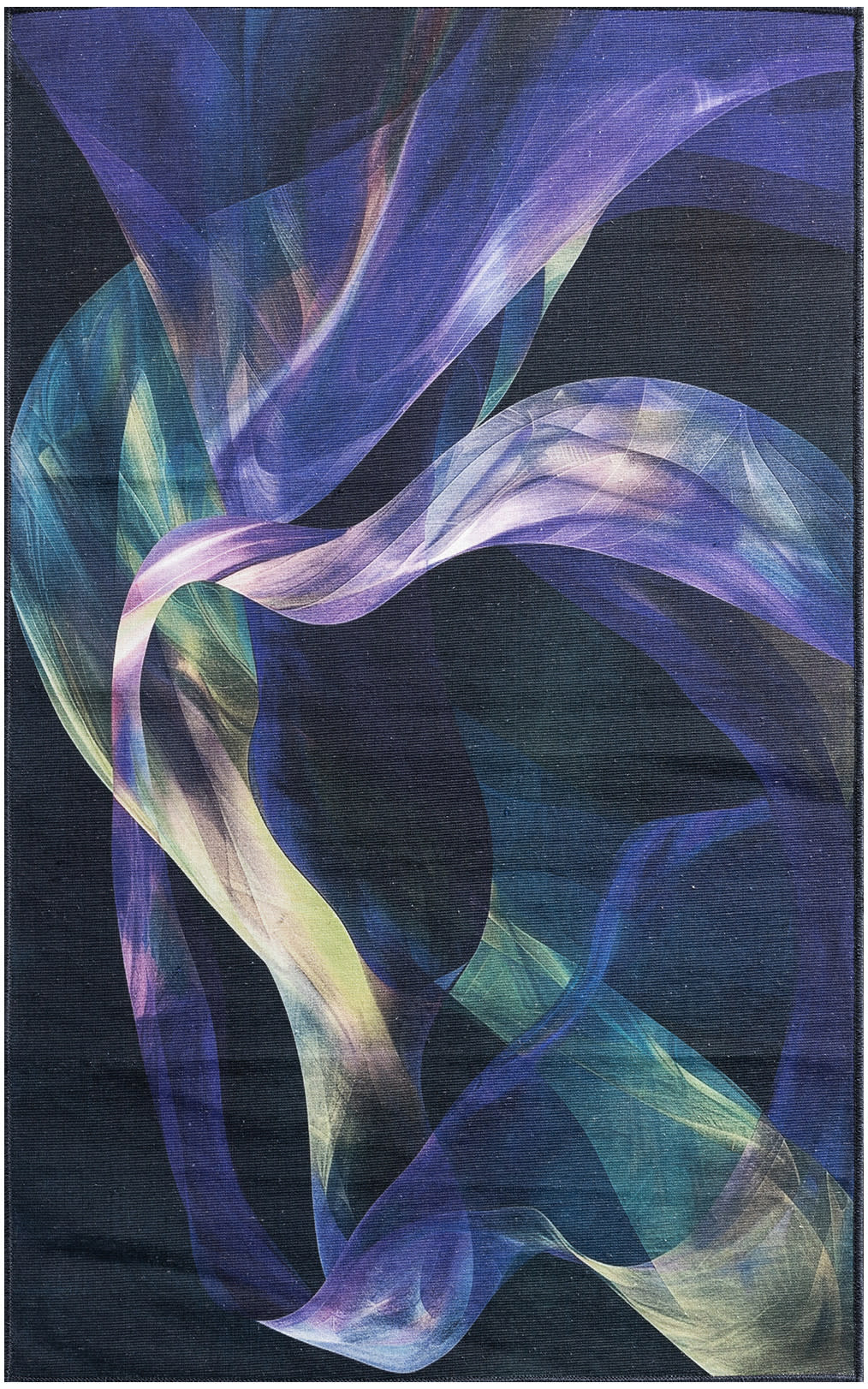 Abstract ribbons of translucent blue, purple and green flowing across a dark backdrop.