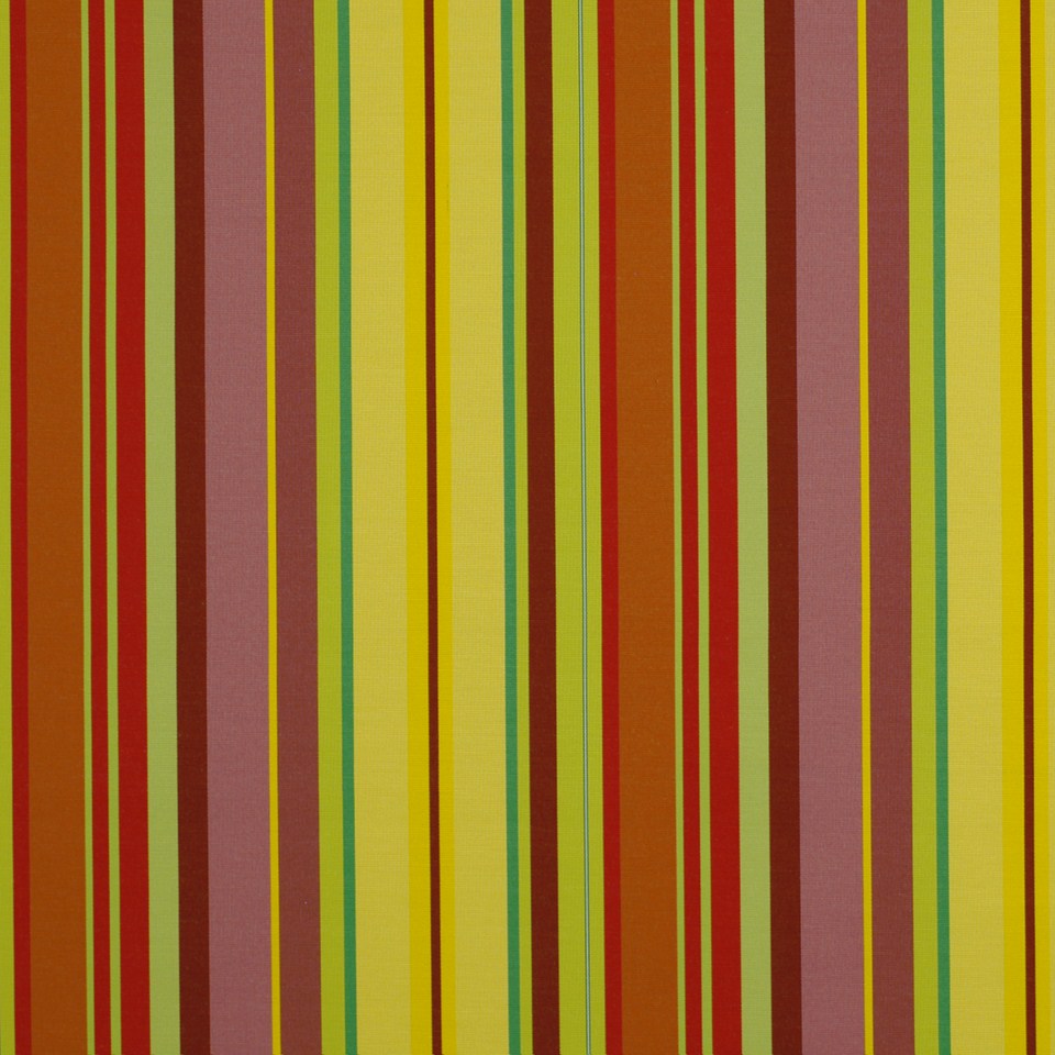 Vertical multicolor stripe pattern in warm earthy tones: yellow, mustard, olive, orange, brown and purple, upholstery fabric.