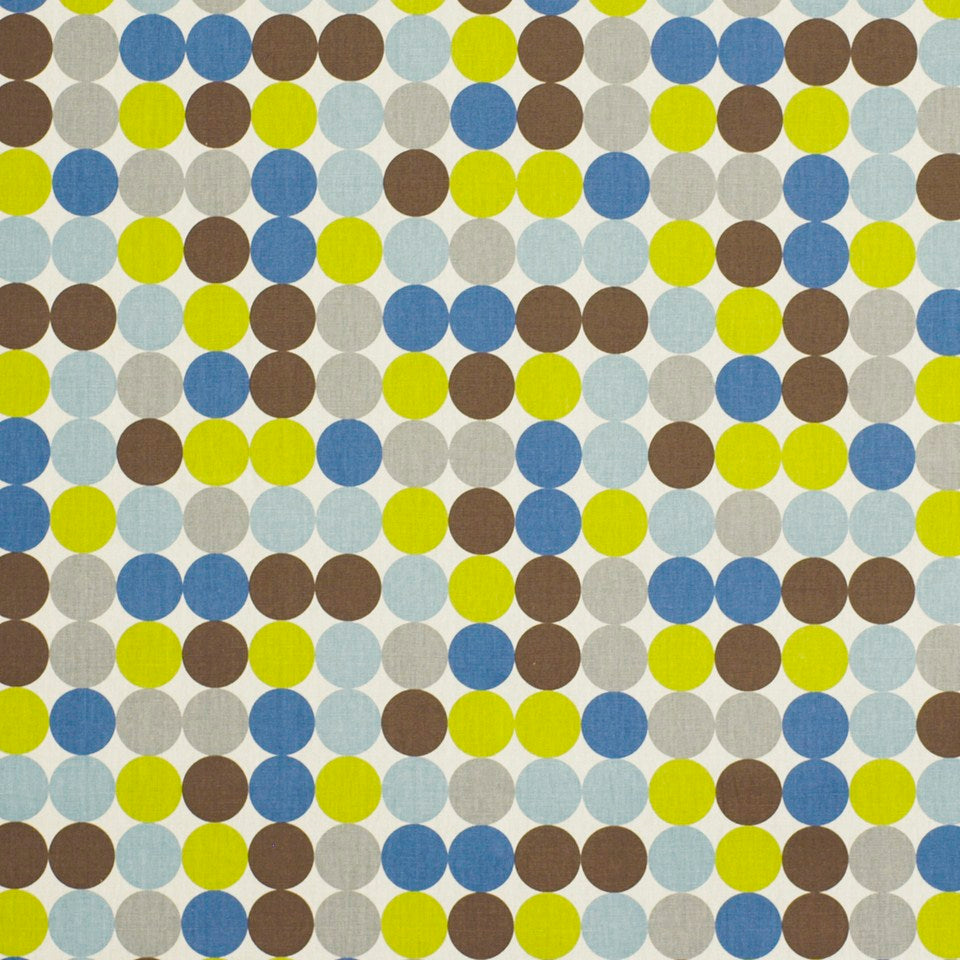 Colorful polka dot pattern fabric with blue, yellow, brown and gray circles in a tight checkered grid on a beige backdrop.