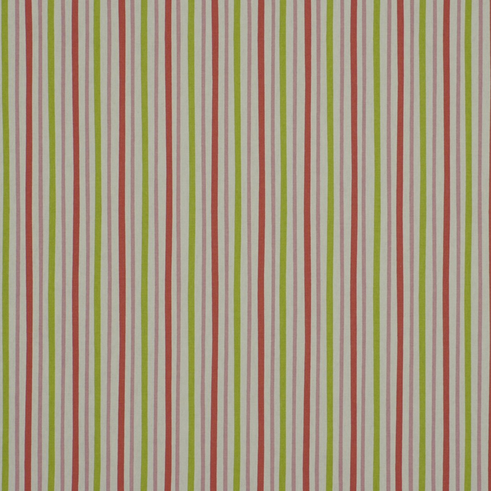 Vertical multicolor stripe pattern in pink, green and beige; drapery fabric swatch.