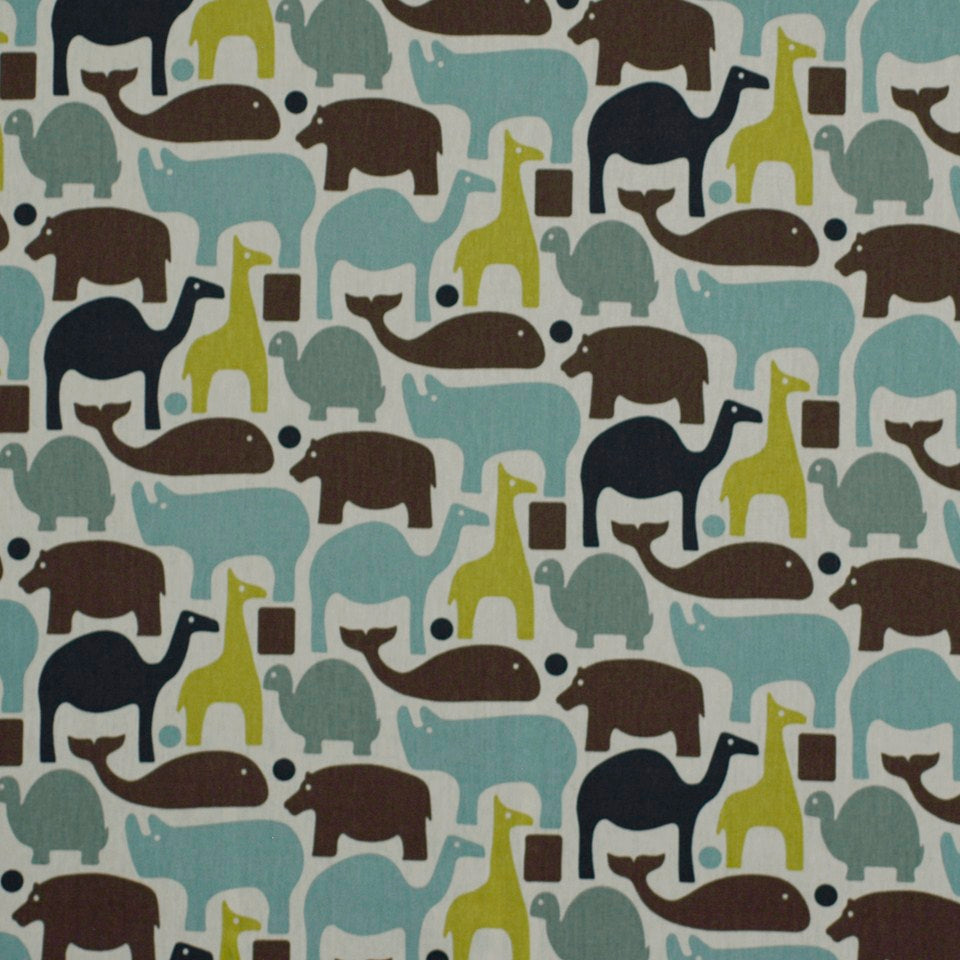 Colorful dinosaur-pattern fabric with teal, brown, blue and yellow sauropod silhouettes in a playful retro design.