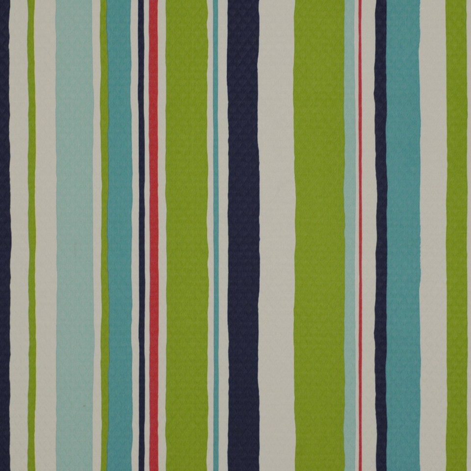 Vertical multicolor stripe fabric pattern with lime green, teal, navy, light blue, white and red accents.