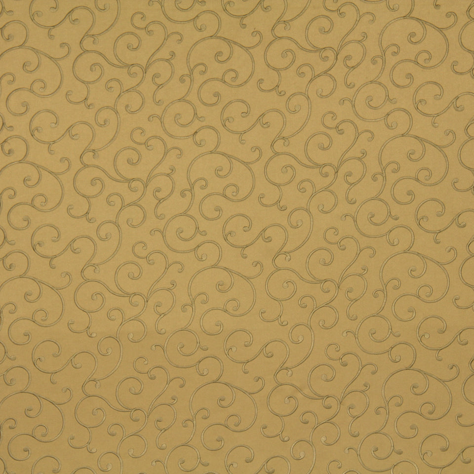 Beige wallpaper with a repeating gold scroll vine motif.