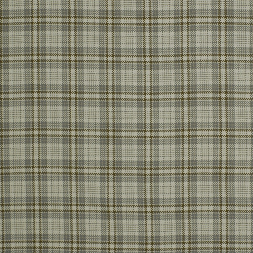 Gray plaid fabric with brown and beige checks in a tartan pattern; wool-like textile.