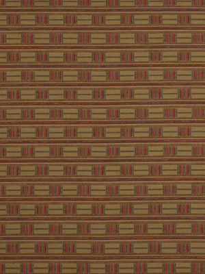 Amber upholstery fabric with a brown and tan geometric lattice pattern and red accents.