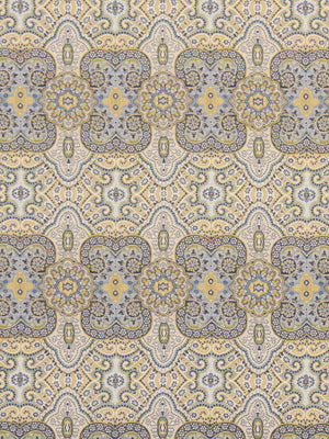 Intricate paisley damask upholstery fabric in beige, gold and blue-gray with a repeating floral medallion pattern; ornamental textile.