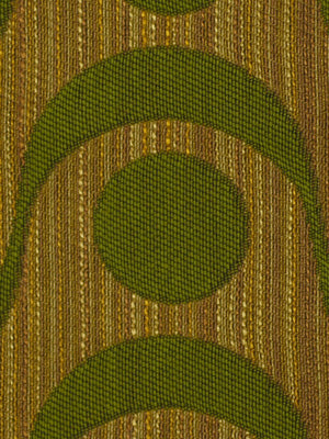 Mid-century olive-green geometric fabric with circular arcs on a gold-brown striped background; upholstery textile.
