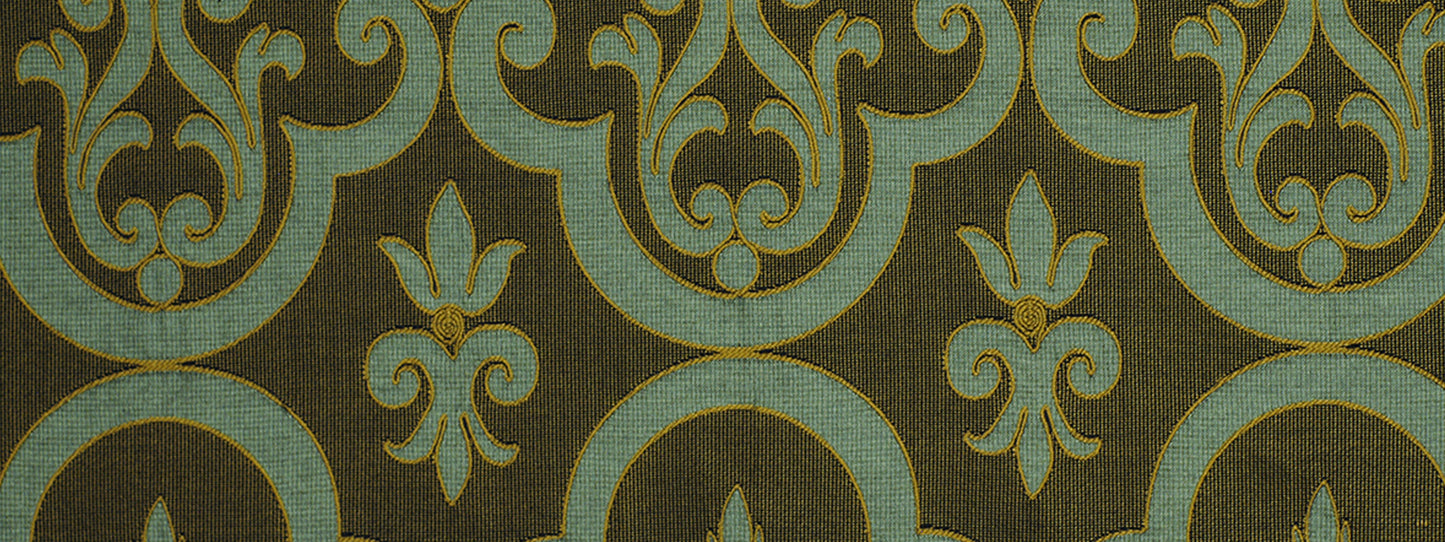 Goldenrod upholstery fabric with a damask pattern featuring fleur-de-lis and arch motifs.