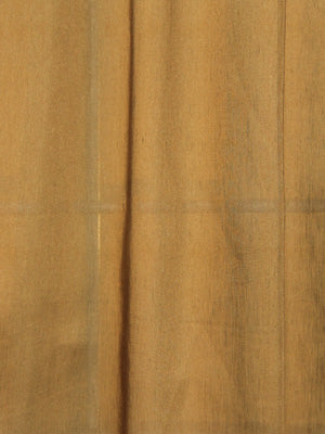 Straw-colored silky-look drapery fabric close-up with vertical creases and panel seams.