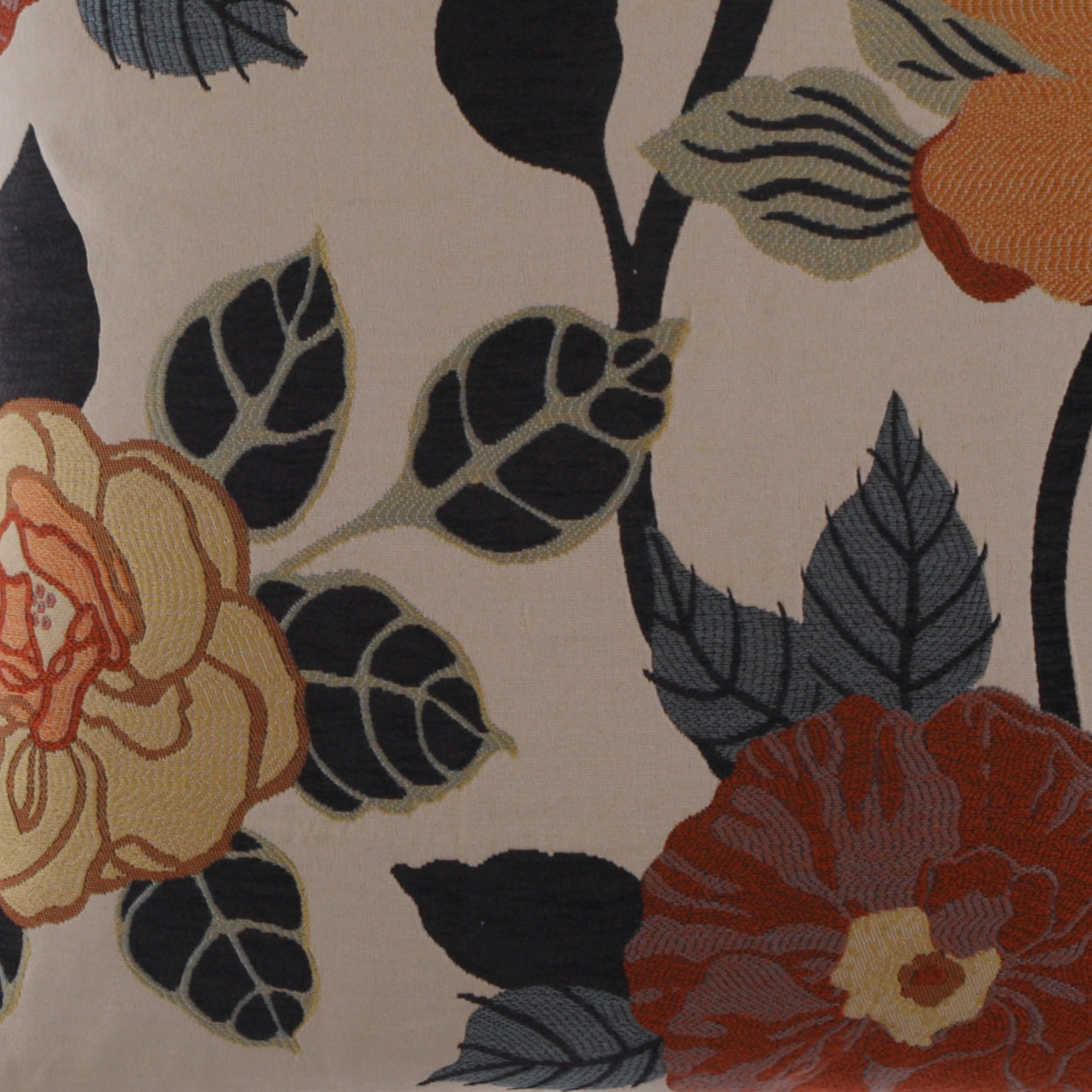 Beige floral fabric with large orange and red blossoms, navy leaves, and muted green vines; vintage botanical pattern.