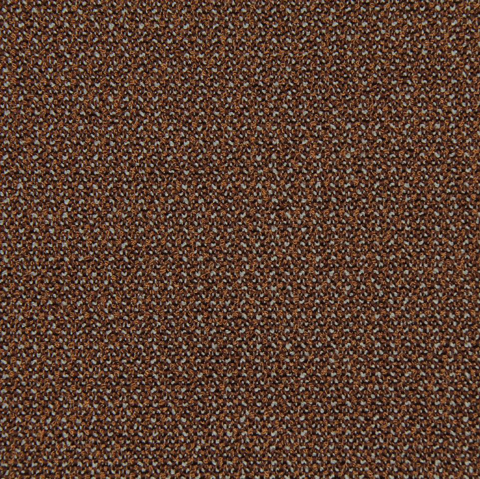 Close-up of brown speckled upholstery fabric texture with tan & black flecks, coarse woven look.