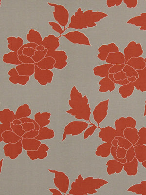 Coral drapery fabric with a large peony floral print and leaves.