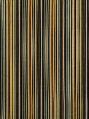 Vertical multicolor striped fabric pattern with slim to medium stripes in mustard, teal, orange, black and gray.