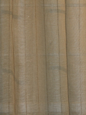 Beige linen-look drapery fabric with subtle vertical stripes and soft pleated folds.