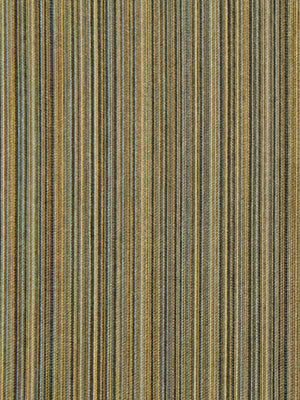 Vertical striped upholstery fabric in gold, olive, bronze and blue tones with a woven texture.