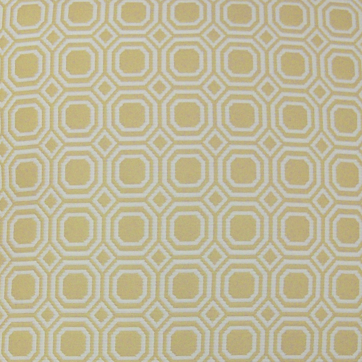 Yellow & white fabric with a repeating octagon geometric pattern; retro-modern upholstery or drapery textile.