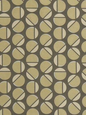 Beige circular medallions with diagonal slash on an olive background; retro geometric upholstery fabric.