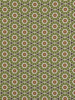 A repeating circular floral medallion pattern in olive greens, white petals, and red centers; vintage fabric style for drapery.