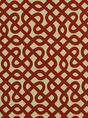 Scarlet upholstery fabric with a dark burgundy interlaced knot damask-style geometric pattern.