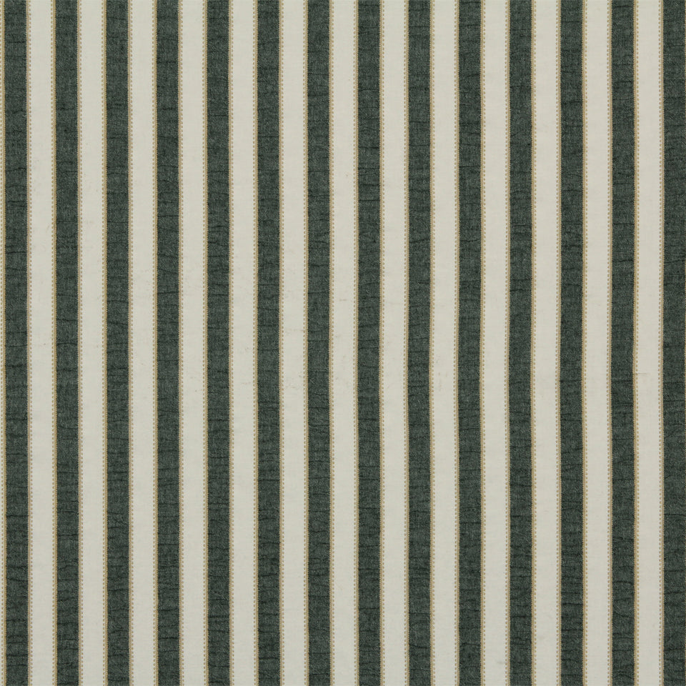 Textured fabric with dark green and cream vertical stripes; a classic upholstery or drapery material.