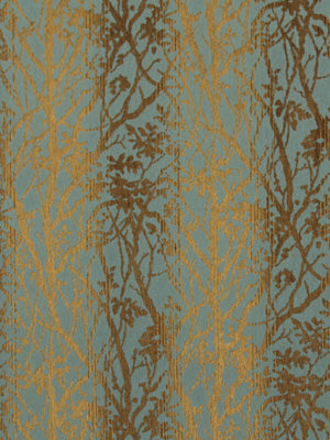 Teal fabric with metallic gold and brown botanical vine pattern of branches and leaves.