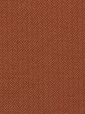 Warm orange-red woven upholstery fabric with a gold geometric diamond lattice pattern.