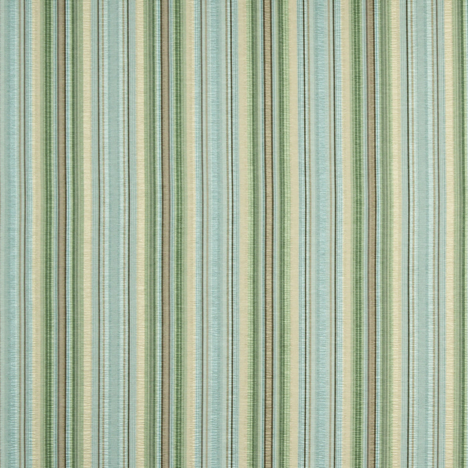 Vertical pastel stripe pattern in blue, green, and beige on textured woven fabric.