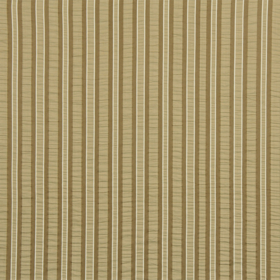 Beige vertical striped drapery fabric with alternating tan and cream tones.